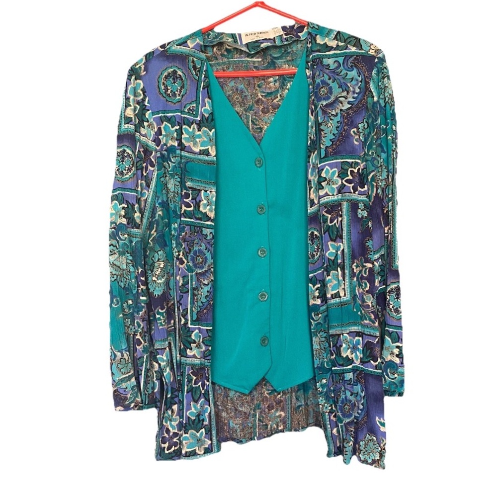 Vintage 90's Alfred Dunner Teal Blue Abstract Cardigan Shirt Blouse Top 16 XL